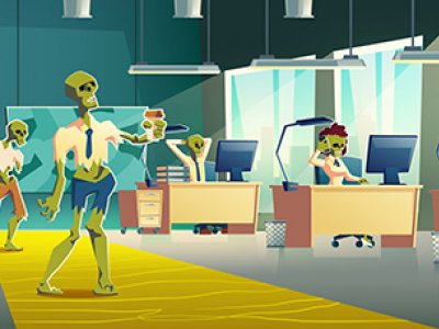 Illustration of exhausted zombie characters working in office. Image, Adobe
